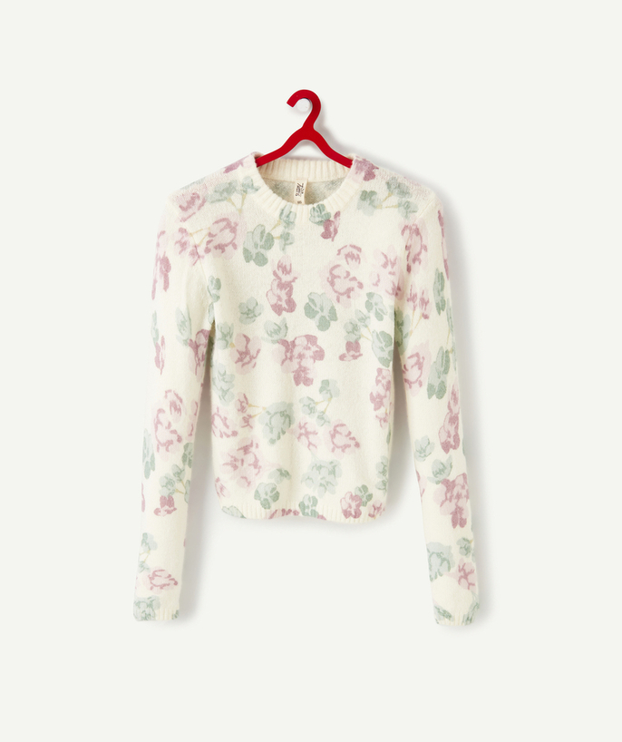 Pullover - Cardigan Sub radius in - GIRLS' KNITTED JUMPER CREAM WITH A FLOWER PRINT