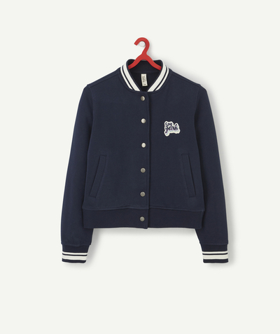 90' trends Tao Categories - GIRLS' NAVY BLUE RECYCLED COTTON VARSITY-STYLE JACKET