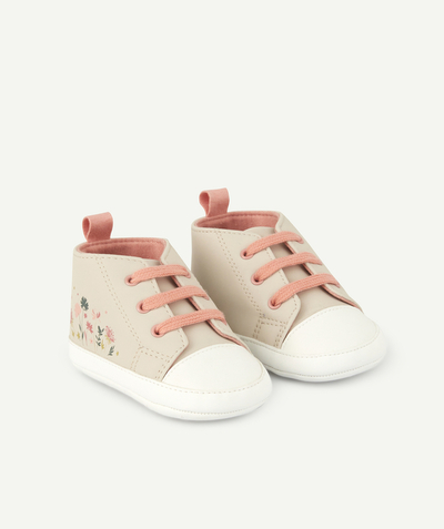 Shoes, booties radius - BABY GIRLS' PALE GREY AND PINK TRAINER-STYLE BOOTIES WITH FLOWERS