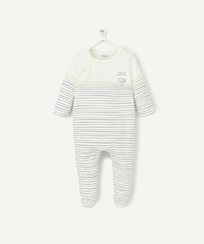 Pyjamas family - WHITE AND BLUE AND GREEN STRIPED SLEEP SUIT IN ORGANIC COTTON