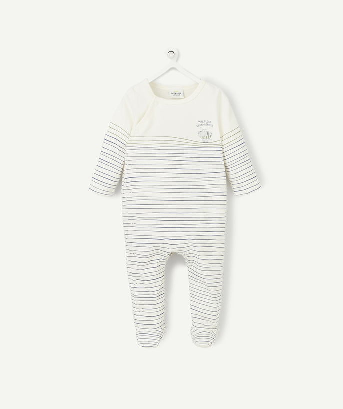Essentials : 50% off 2nd item* family - WHITE AND BLUE AND GREEN STRIPED SLEEP SUIT IN ORGANIC COTTON
