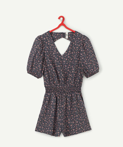 Jumpsuits - Dungarees Tao Categories - NAVY BLUE AND FLOWER-PATTERNED PLAYSUIT IN ECO-FRIENDLY VISCOSE