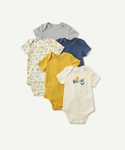 Bodysuit family - PACK OF FIVE BLUE, YELLOW AND STRIPED ORGANIC COTTON BODYSUITS