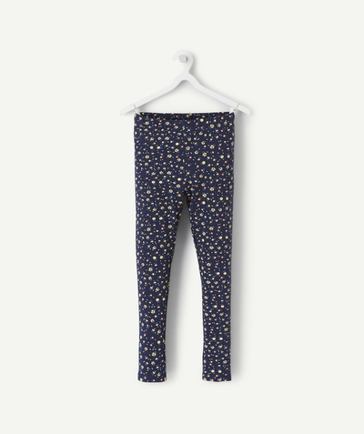 Leggings - Treggings family - GIRLS' LEGGINGS IN NAVY BLUE RECYCLED FIBERS WITH A FLORAL PRINT