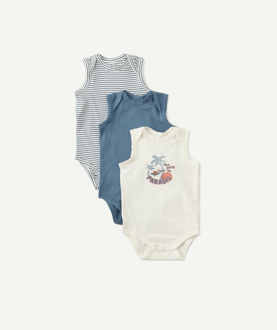 Essentials : 50% off 2nd item* family - PACK OF THREE BLUE, PLAIN, STRIPED AND PATTERNED BODYSUITS IN ORGANIC COTTON