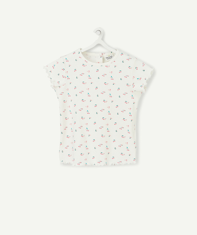 Private sales radius - WHITE RIBBED T-SHIRT IN ORGANIC COTTON WITH A CHERRY DESIGN