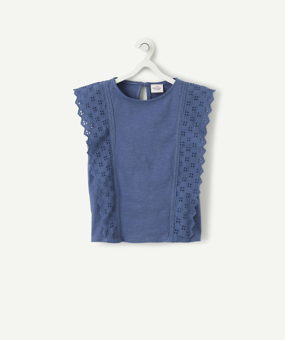 Original Days radius - BLUE T-SHIRT IN ORGANIC COTTON WITH BRODERIE ANGLAIS