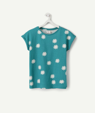 Girl radius - GENEROUSLY CUT GREEN T-SHIRT INN RECYCLED FIBRES WITH FLOWERS