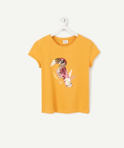 Girl radius - YELLOW T-SHIRT IN RECYCLED FIBRES WITH A SEQUINNED TOUCAN