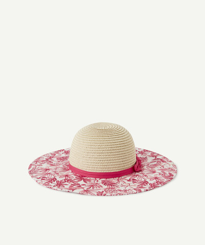 Special occasions' accessories radius - LARGE PINK FLOWER-PATTERN STRAW HAT