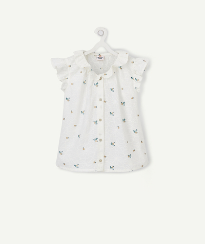 Outlet radius - WHITE COTTON SHIRT WITH FLOWERS AND GOLDEN DETAILS