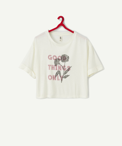 Girl radius - CREAM T-SHIRT WITH A MESSAGE AND FLOCKED FLOWERS