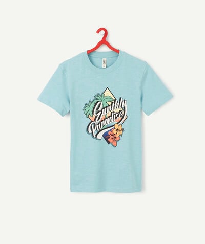 Teen boys' clothing radius - TURQUOISE T-SHIRT IN RECYCLED FIBRES WITH A FUN DESIGN