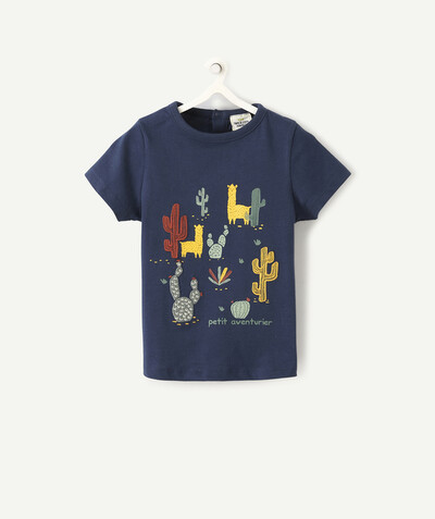 T-shirty - Koszulki Rayon - GRANATOWY T-SHIRT Z BAWEŁNY EKOLOGICZNEJ Z MOTYWEM LAM I KAKTUSÓW