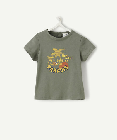T-shirty - Koszulki Rayon - T-SHIRT KHAKI Z BAWEŁNY EKOLOGICZNEJ Z MOTYWEM LENIWCA I NAPISEM