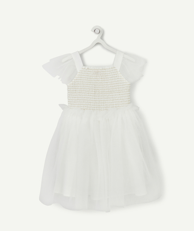 Dress Tao Categories - WHITE DRESS IN TULLE WITH GOLDEN SMOCKED DETAILS
