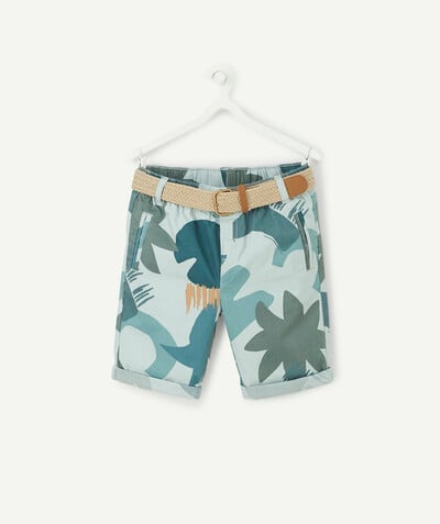 BOTTOMS radius - GREEN PRINT BERMUDA SHORTS IN COTTON WITH A PLAITED BELT