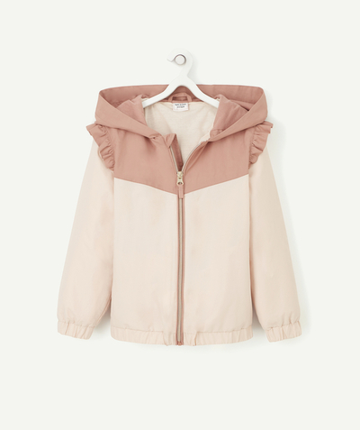Coat - Padded jacket - Jacket radius - GIRLS' HOODED JACKET IN PALE PINK WITH INSERTS AND RUFFLES
