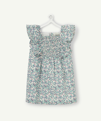 Dress - skirt radius - FLORAL PRINTED COTTON DRESS WITH GOLDEN TRIMMING