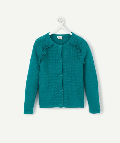 Swetry - Swetry rozpinane Rayon - ZIELONY ROZPINANY SWETER Z AŻUROWEJ DZIANINY