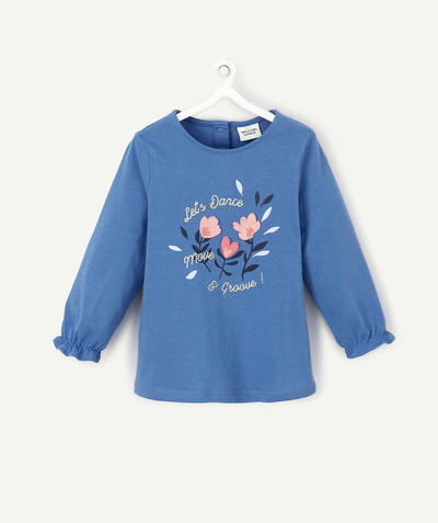 Baby-girl radius - BLUE T-SHIRT IN ORGANIC COTTON WITH FLOWERS IN RELIEF