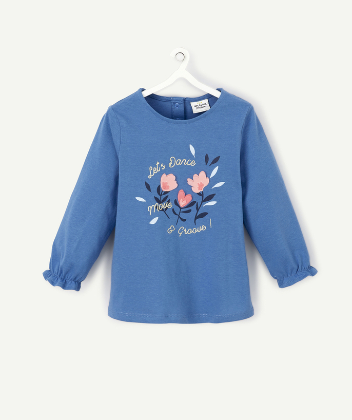 Low prices radius - BLUE T-SHIRT IN ORGANIC COTTON WITH FLOWERS IN RELIEF