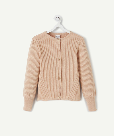 Swetry - Swetry rozpinane Rayon - RÓŻOWY POŁYSKUJĄCY ROZPINANY SWETER W PRĄŻEK