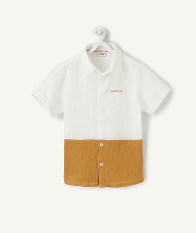 Boy radius - WHITE AND CAMEL COTTON SHIRT WITH A MESSAGE