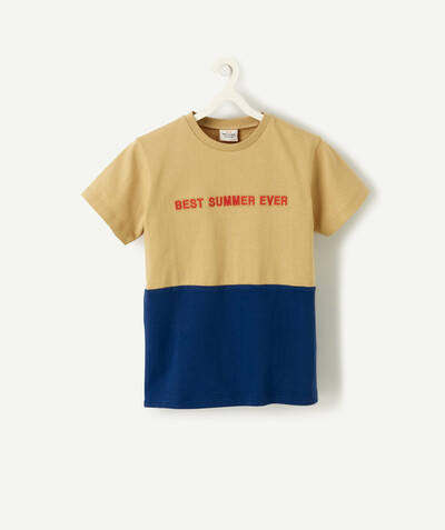 Boy radius - CAMEL AND NAVY BLUE T-SHIRT IN ORGANIC COTTON WITH A MESSAGE