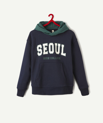 All collection Sub radius in - NAVY BLUE AND GREEN HOODED SWEATSHIRT WITH A MESSAGE