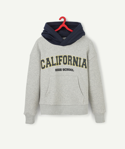 Pullover - Cardigan Sub radius in - GREY AND NAVY BLUE SWEATSHIRT WITH A HOOD AND A MESSAGE