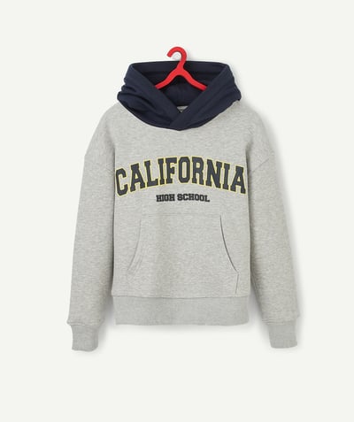 Boy radius - GREY AND NAVY BLUE SWEATSHIRT WITH A HOOD AND A MESSAGE