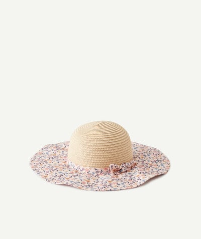 Special occasions' accessories radius - STRAW HAT WITH PASTEL PINK FLOWER-PATTERNED FABRIC