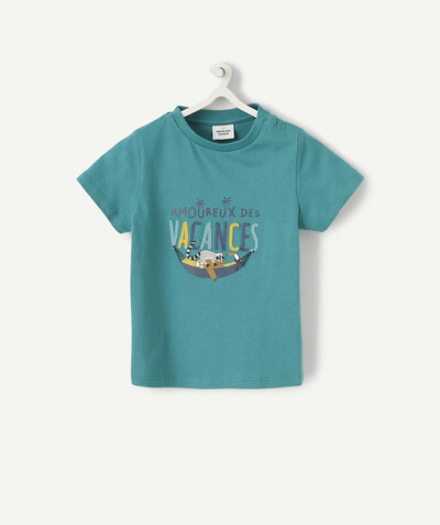 T-shirty - Koszulki Rayon - ZIELONY T-SHIRT Z BAWEŁNY EKOLOGICZNEJ Z APLIKACJĄ I NAPISEM