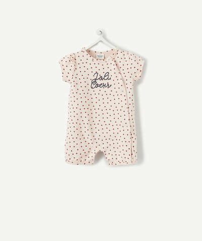 Essentials : 50% off 2nd item* family - SHORT PINK HEART PRINT SLEEP SUIT IN ORGANIC COTTON
