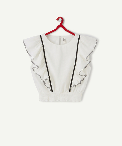 Teen girls' clothing Tao Categories - CREAM BLOUSE WITH BLACK DETAILS AND FRILLS