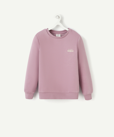 Sweatshirt Tao Categories - GIRLS' PURPLE SWEATSHIRT WITH AN EMBROIDERED MESSAGE ON THE CHEST
