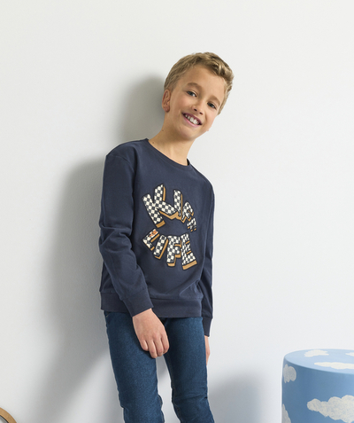 90' trends radius - BOYS' NAVY BLUE T-SHIRT IN RECYCLED COTTON WITH AN EMBROIDERED MESSAGE