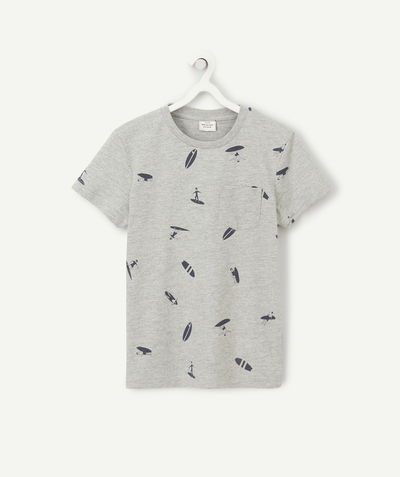 Our summer prints radius - BOYS' T-SHIRT IN GREY ORGANIC COTTON WITH A SURFER PRINT