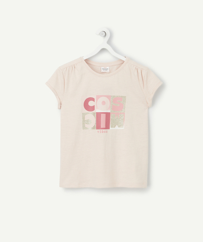 T-shirt Rayon - T-SHIRT FILLE EN FIBRES RECYCLÉES ROSE PÂLE AVEC MESSAGE