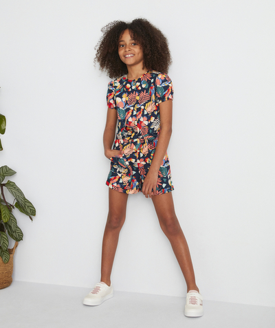 BOTTOMS radius - NAVY BLUE PLAYSUIT WITH A COLOURFUL TROPICAL PRINT