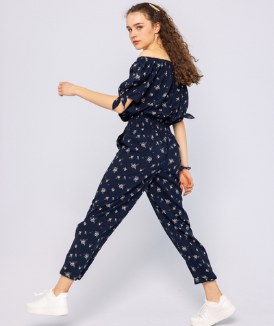 Teen girls' clothing Tao Categories - NAVY BLUE FLORAL JUMPSUIT IN ECO-FRIENDLY VISCOSE