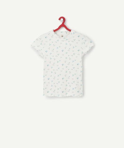 90' trends Tao Categories - GIRLS' RIBBED T-SHIRT IN WHITE ORGANIC COTTON WITH A FLORAL PRINT
