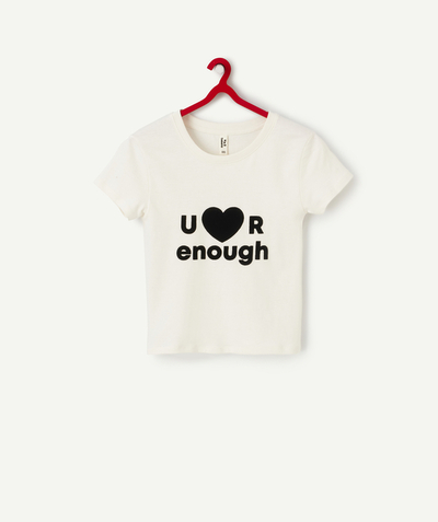 Teen girls' clothing Tao Categories - GIRLS' T-SHIRT IN WHITE RECYCLED FIBERS WITH A FELT MESSAGE