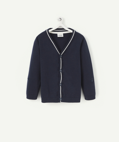 Special Occasion Collection radius - BABY BOYS' CARDIGAN IN NAVY BLUE COTTON WITH WHITE DETAILS
