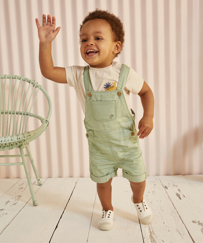 Bottoms Tao Categories - BABY BOYS' SHORT GREEN DUNGAREES WITH POCKETS