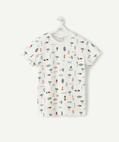 Boy radius - WHITE T-SHIRT IN RECYCLED COTTON WITH A SURF AND PALM TREE PRINT