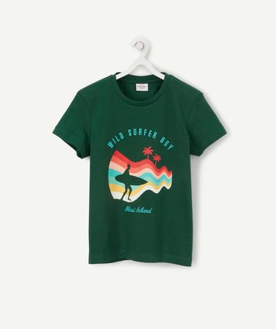 T-shirty - Koszulki Rayon - ZIELONY T-SHIRT Z BAWEŁNY EKOLOGICZNEJ Z MOTYWEM SURFINGU