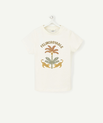 Spring looks radius - BABY BOYS' T-SHIRT IN ORGANIC COTTON WITH A MESSAGE AND LEOPARDS