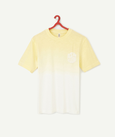 Clothing family - YELLOW AND WHITE ORGANIC COTTON T-SHIRT WITH A FLOCKED MESSAGE